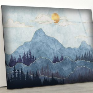 Tempered Glass Printing Wall Decor Ation For Living Room Stained Wall Art Silhouettes Of Mountains With Trees