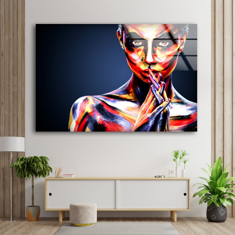 Tempered Glass Printing Wall Decor Ation For Living Room Wall Hanging Girl With Colorful Makeup And Bodyart