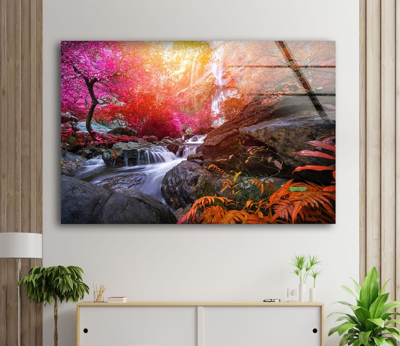 Tempered Glass Printing Wall Decor Ation For Living Room Waterfall In Forest View Wall Art Waterfall Wall Art