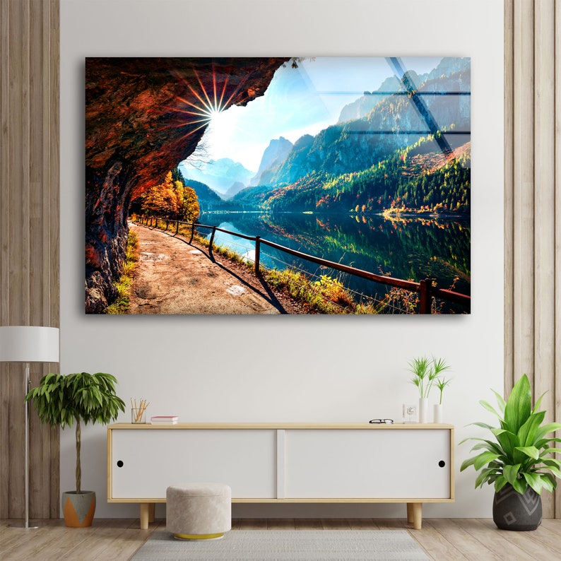 Tempered Glass Wall Art Glass Wall Decor Glass Wall Printing Fractal Wall Art Sunny Autumn Lake View Wall Art