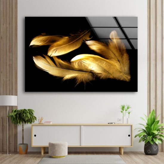 Tempered Glass Wall Art Valentines Gold Wall Decor Glass Printing Wall Hangings Gold Feather Wall Art 1