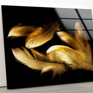 Tempered Glass Wall Art Valentines Gold Wall Decor Glass Printing Wall Hangings Gold Feather Wall Art