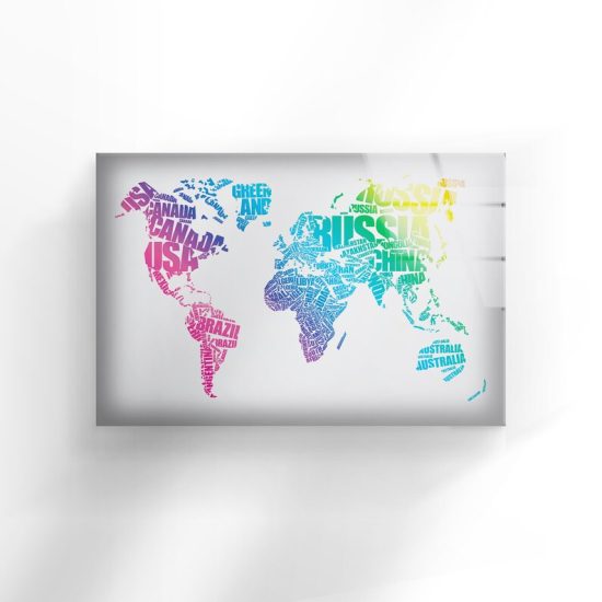 Tempered Glass Wall Decor Glass Printing Wall Hangings Abstract Colorful World Map Art 1
