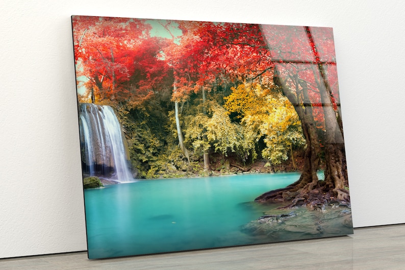 Tempered Glass Wall Decor Glass Printing Wall Hangings Abstract Waterfall Forest