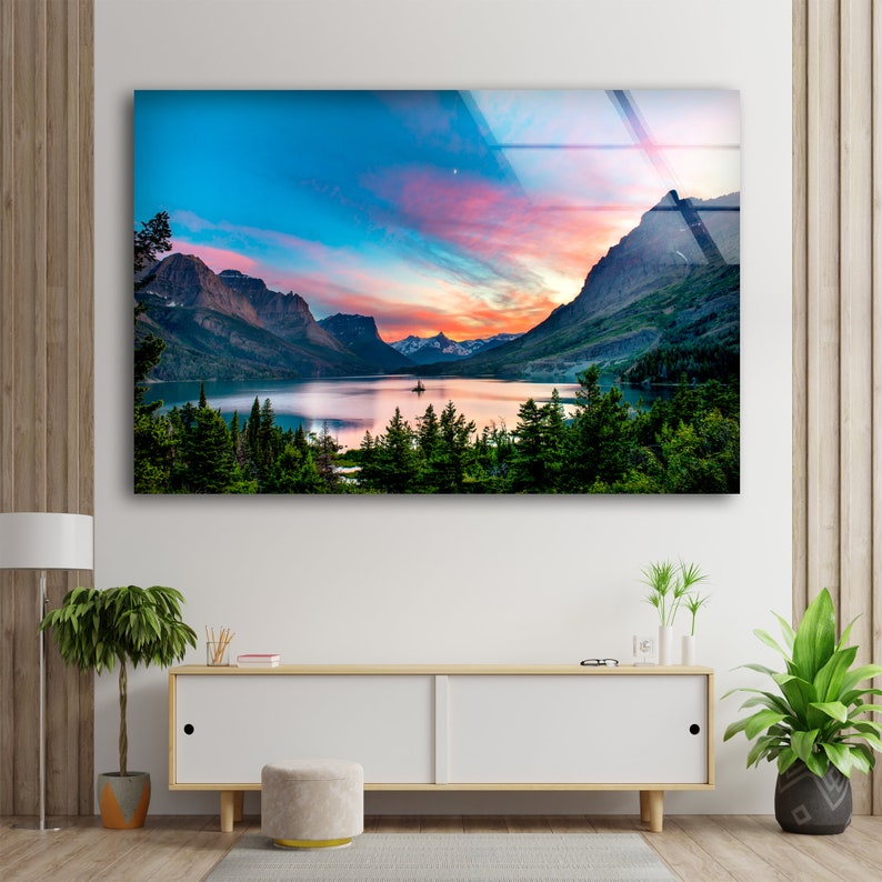 Tempered Glass Wall Decor Glass Printing Wall Hangings Sunset St Mary'S Lake And Glacier National Park