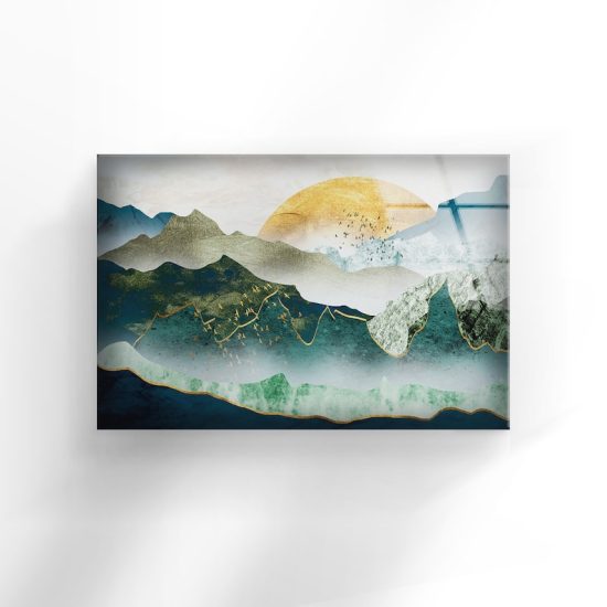 Uv Painted Glass Wall Art Nature And Vivid Wall Golden Mountain Abstract Art 2
