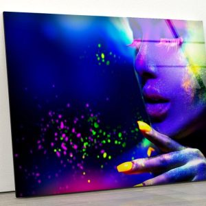 Uv Painted Glass Wall Art Portrait Of Woman Fluorescent Make Up Woman In Neon Light