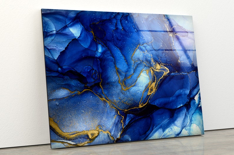 Uv Painted Glass Wall Art Tempered Glass Wall Art Blue Alcohol Ink Abstract Wall Art