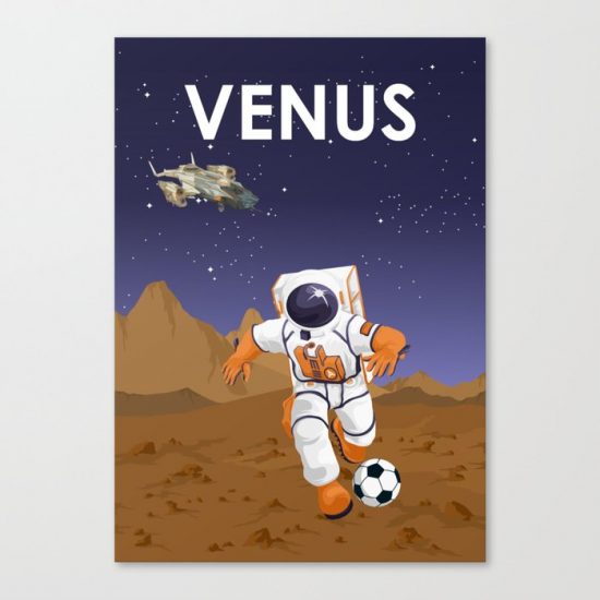 Venus Astronaut Playing Soccer or Football Travel Poster Canvas Print - Wall Art Decor