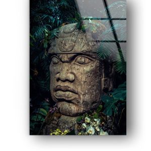 Wall Art Glass Wall Art Uv Printed Home Hanging Mayan Symbol Big Stone Head Statue In A Jungle Wall Art