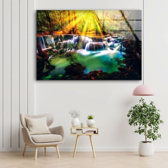 Wall Art Glass Wall Art Uv Printed Home Hanging Waterfall In Colorful Autumn Landscape In The Forest 1