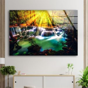 Wall Art Glass Wall Art Uv Printed Home Hanging Waterfall In Colorful Autumn Landscape In The Forest