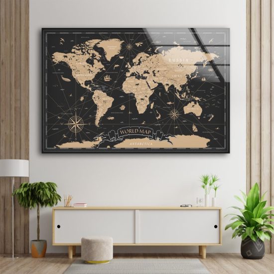 World Map Wall Art Compass Wall Art Compass Decor Glass Print 1