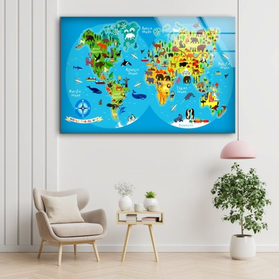 World Map Wall Art Travel Map Wall Art Map Glass Print 1