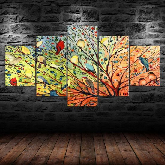 Abstract Bird Group Nature Tree Canvas 5 Piece Five Panel Wall Print Modern Poster Picture Home Decor 1
