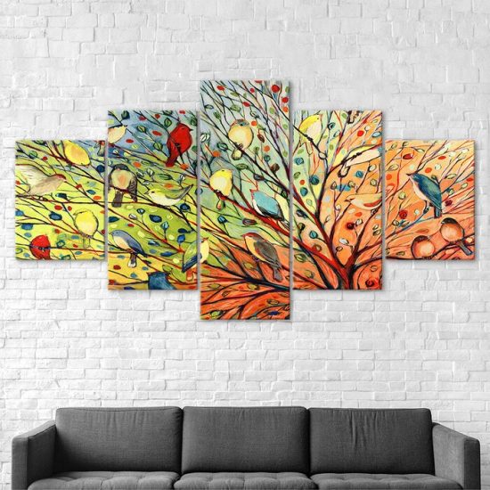 Abstract Bird Group Nature Tree Canvas 5 Piece Five Panel Wall Print Modern Poster Picture Home Decor 2
