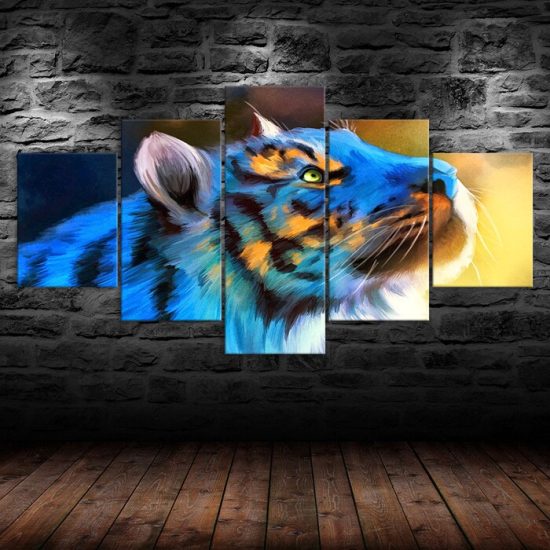 Abstract Blue Tiger Canvas 5 Piece Five Panel Wall Art Print Picture Modern Poster Picture Home Decor 1