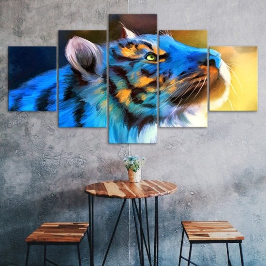 Abstract Blue Tiger Canvas 5 Piece Five Panel Wall Art Print Picture Modern Poster Picture Home Decor