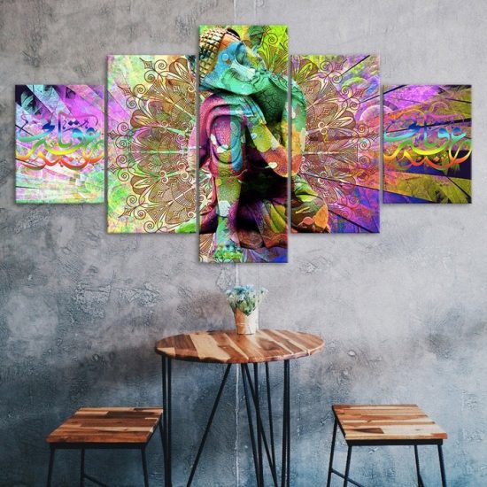 Abstract Buddha Thinking Vivid Psychedelic Scenery 5 Piece Five Panel Wall Canvas Print Modern Poster Wall Art Decor