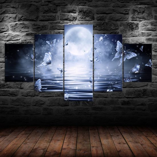 Abstract Butterfly Full Moon Ocean Night View 5 Piece Five Panel Wall Canvas Print Modern Poster Wall Art Decor 1