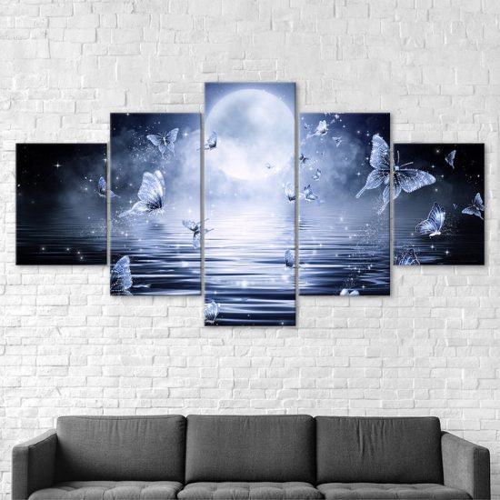 Abstract Butterfly Full Moon Ocean Night View 5 Piece Five Panel Wall Canvas Print Modern Poster Wall Art Decor 2
