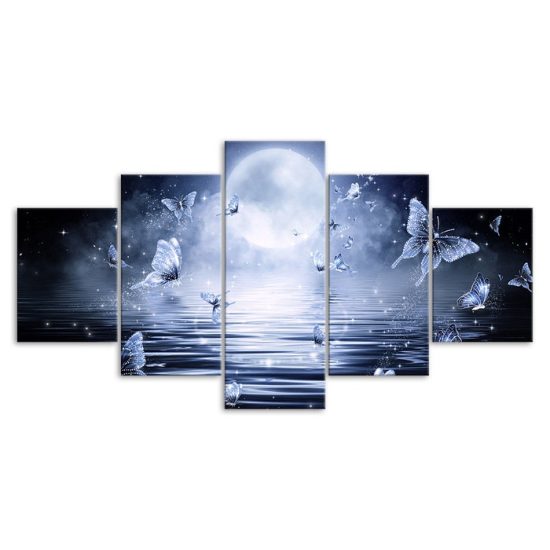 Abstract Butterfly Full Moon Ocean Night View 5 Piece Five Panel Wall Canvas Print Modern Poster Wall Art Decor 3