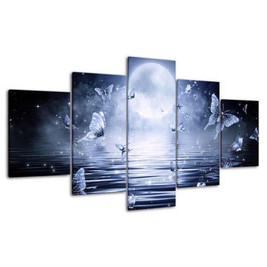 Abstract Butterfly Full Moon Ocean Night View 5 Piece Five Panel Wall Canvas Print Modern Poster Wall Art Decor 4