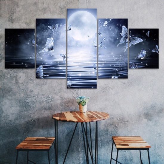 Abstract Butterfly Full Moon Ocean Night View 5 Piece Five Panel Wall Canvas Print Modern Poster Wall Art Decor
