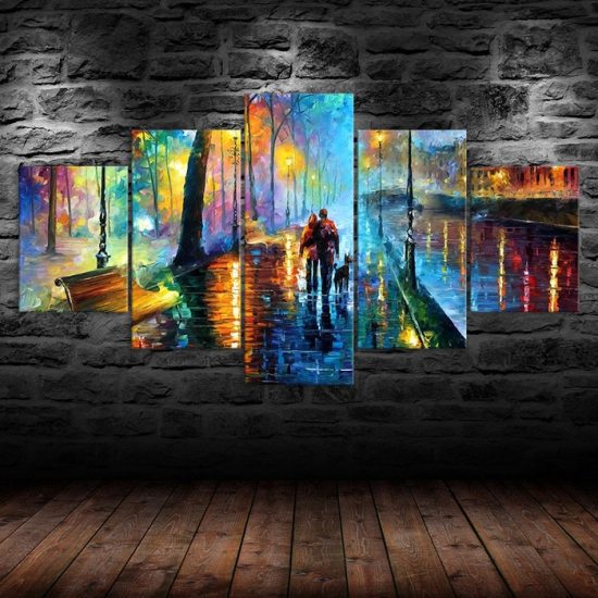 Abstract Couple Walking Rainy Night Scenery Painting 5 Piece Five Panel Canvas Print Modern Poster Wall Art Decor 1