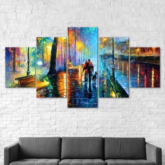 Abstract Couple Walking Rainy Night Scenery Painting 5 Piece Five Panel Canvas Print Modern Poster Wall Art Decor 2