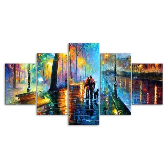 Abstract Couple Walking Rainy Night Scenery Painting 5 Piece Five Panel Canvas Print Modern Poster Wall Art Decor 3
