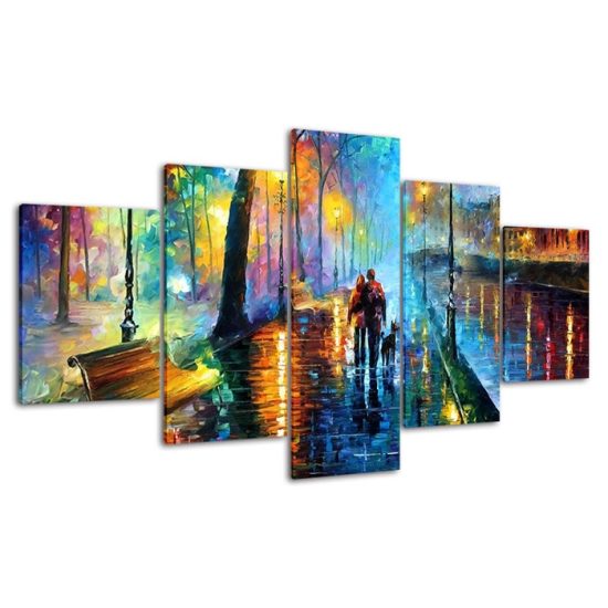 Abstract Couple Walking Rainy Night Scenery Painting 5 Piece Five Panel Canvas Print Modern Poster Wall Art Decor 4