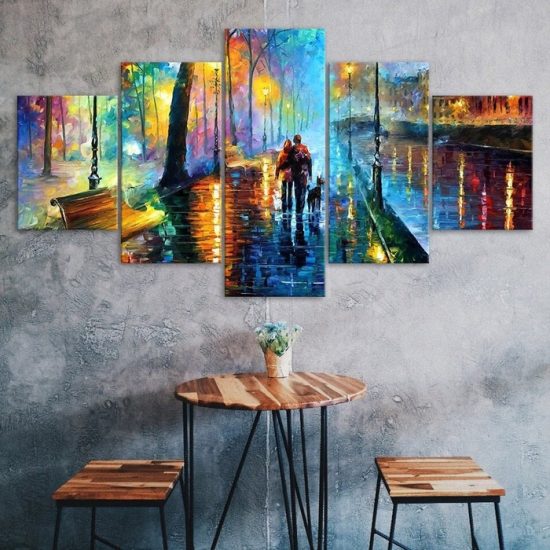 Abstract Couple Walking Rainy Night Scenery Painting 5 Piece Five Panel Canvas Print Modern Poster Wall Art Decor