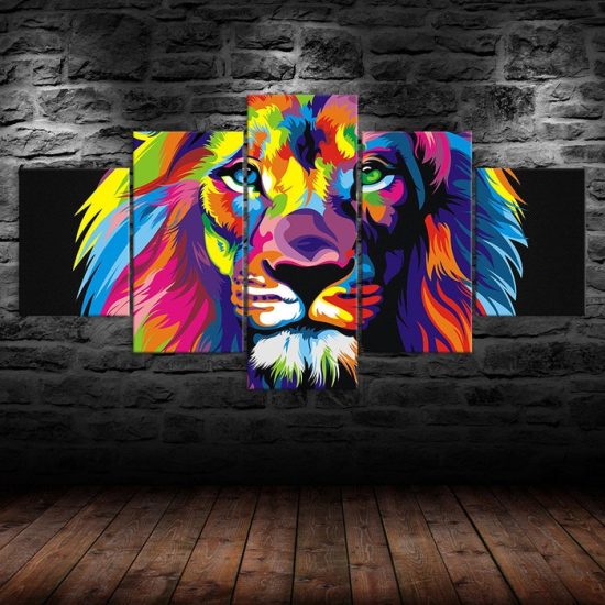 Abstract Lion Colorful Face 5 Piece Five Panel Wall Canvas Print Pictures Modern Poster Wall Art Decor 1