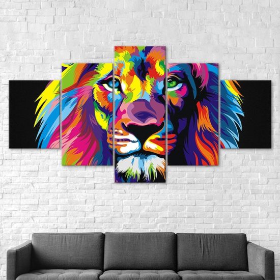 Abstract Lion Colorful Face 5 Piece Five Panel Wall Canvas Print Pictures Modern Poster Wall Art Decor 2