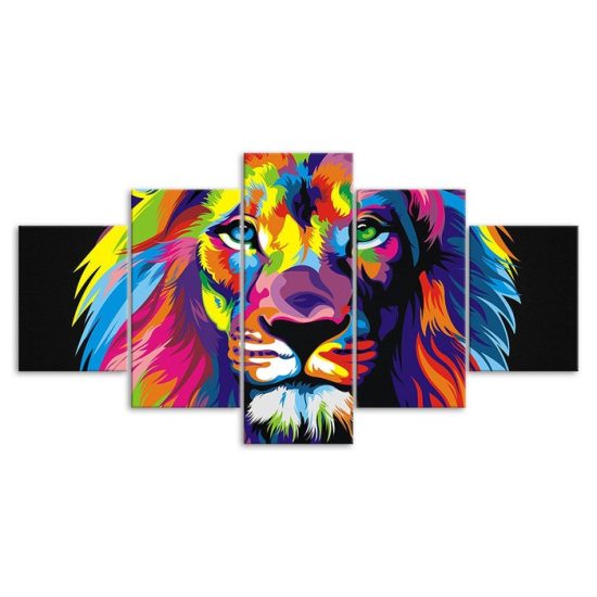 Abstract Lion Colorful Face 5 Piece Five Panel Wall Canvas Print Pictures Modern Poster Wall Art Decor 3