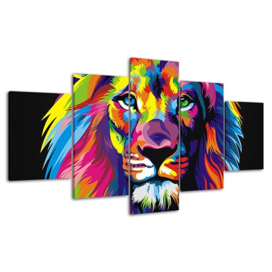 Abstract Lion Colorful Face 5 Piece Five Panel Wall Canvas Print Pictures Modern Poster Wall Art Decor 4