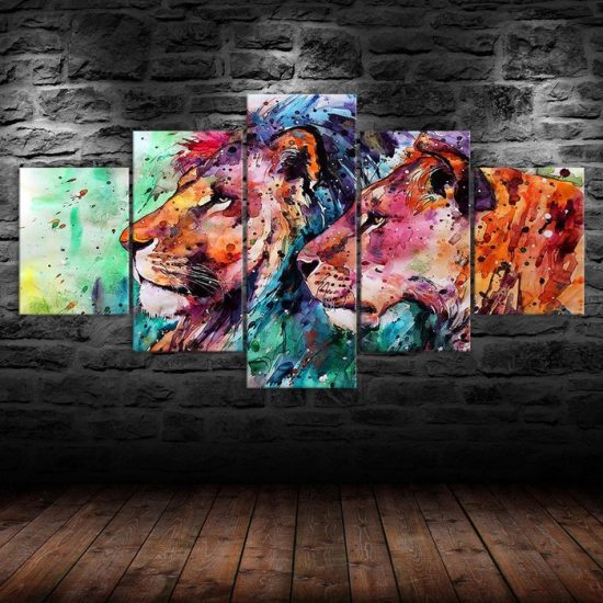 Abstract Lion Couple Animal Painting 5 Piece Five Panel Canvas Print Modern Poster Wall Art Decor 1