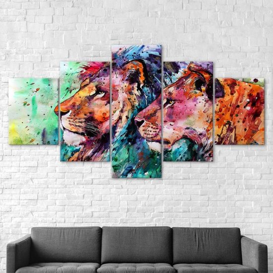 Abstract Lion Couple Animal Painting 5 Piece Five Panel Canvas Print Modern Poster Wall Art Decor 2