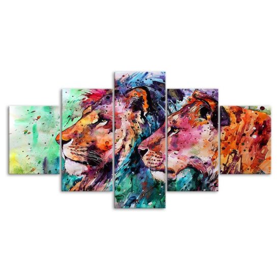 Abstract Lion Couple Animal Painting 5 Piece Five Panel Canvas Print Modern Poster Wall Art Decor 3