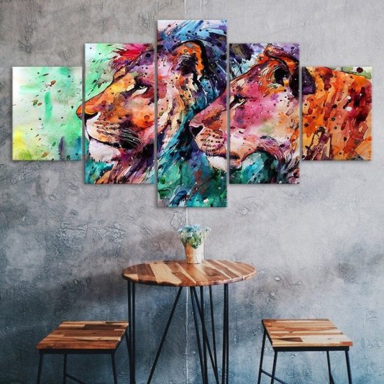 Abstract Lion Couple Animal Painting 5 Piece Five Panel Canvas Print Modern Poster Wall Art Decor
