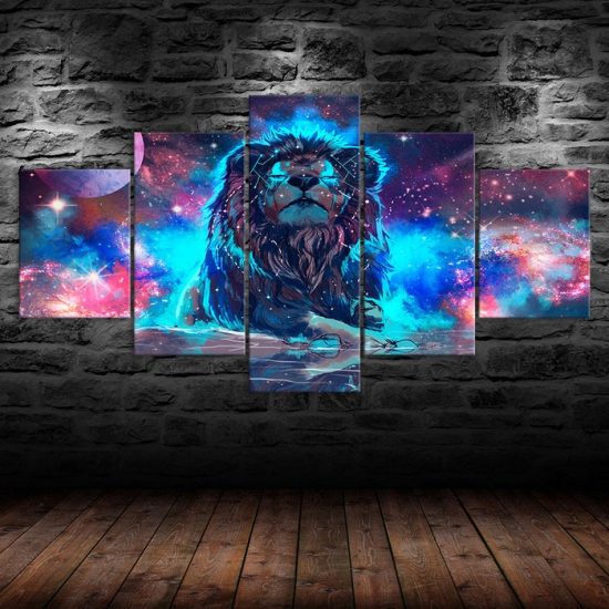 Abstract Lion Mystical Animal Glowing Cosmic Scenery 5 Piece Five Panel Wall Canvas Print Modern Poster Wall Art Decor 1