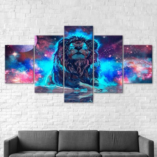 Abstract Lion Mystical Animal Glowing Cosmic Scenery 5 Piece Five Panel Wall Canvas Print Modern Poster Wall Art Decor 2
