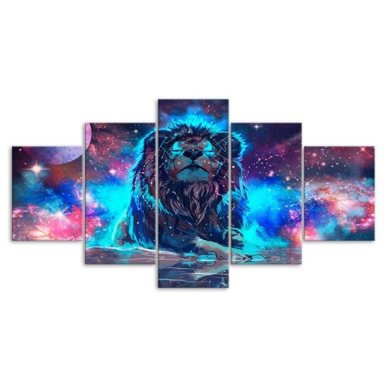 Abstract Lion Mystical Animal Glowing Cosmic Scenery 5 Piece Five Panel Wall Canvas Print Modern Poster Wall Art Decor 3