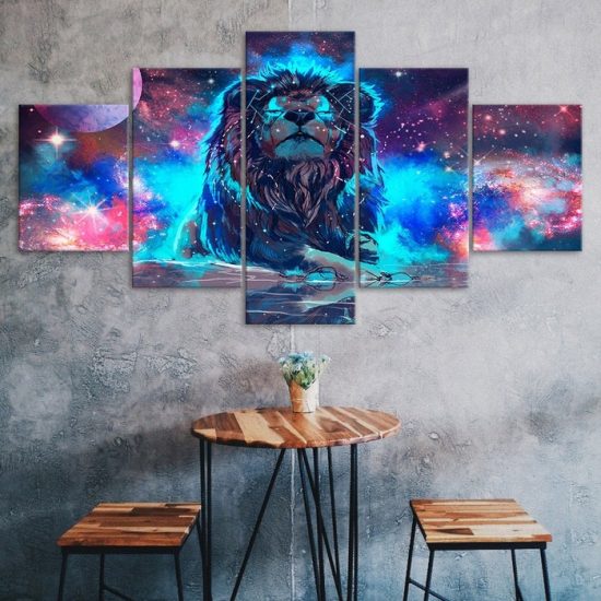 Abstract Lion Mystical Animal Glowing Cosmic Scenery 5 Piece Five Panel Wall Canvas Print Modern Poster Wall Art Decor