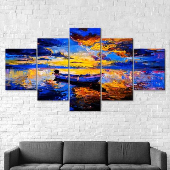 Abstract Sailboat Fishing Scenery Painting 5 Piece Five Panel Canvas Print Modern Poster Wall Art Decor 2