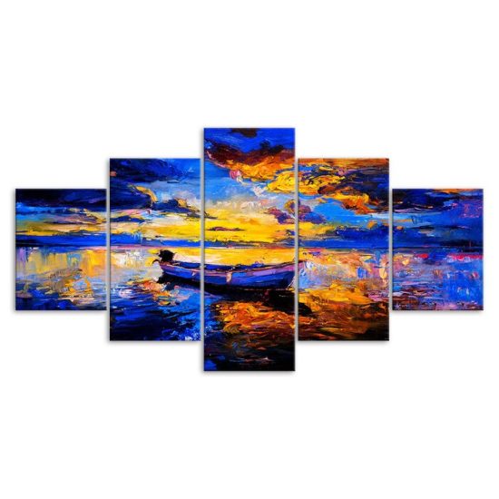 Abstract Sailboat Fishing Scenery Painting 5 Piece Five Panel Canvas Print Modern Poster Wall Art Decor 3