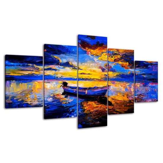 Abstract Sailboat Fishing Scenery Painting 5 Piece Five Panel Canvas Print Modern Poster Wall Art Decor 4