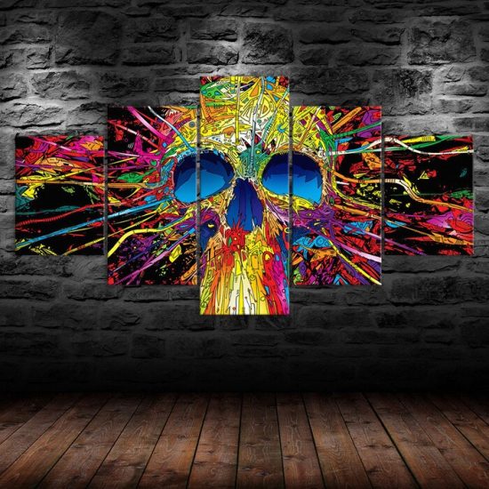 Abstract Skull Trippy Psychedelic Scene Canvas 5 Piece Five Panel Canvas Print Modern Poster Wall Art Decor 1