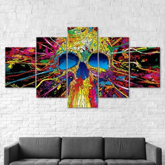 Abstract Skull Trippy Psychedelic Scene Canvas 5 Piece Five Panel Canvas Print Modern Poster Wall Art Decor 2